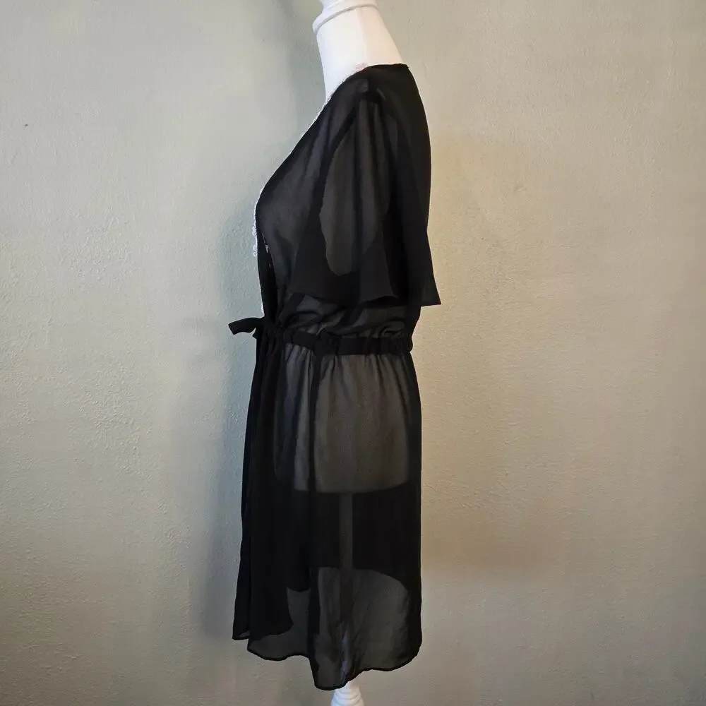 Fairycore Delicate Sheer Kimono Robe Topper Large Black Floral Detail Flowy